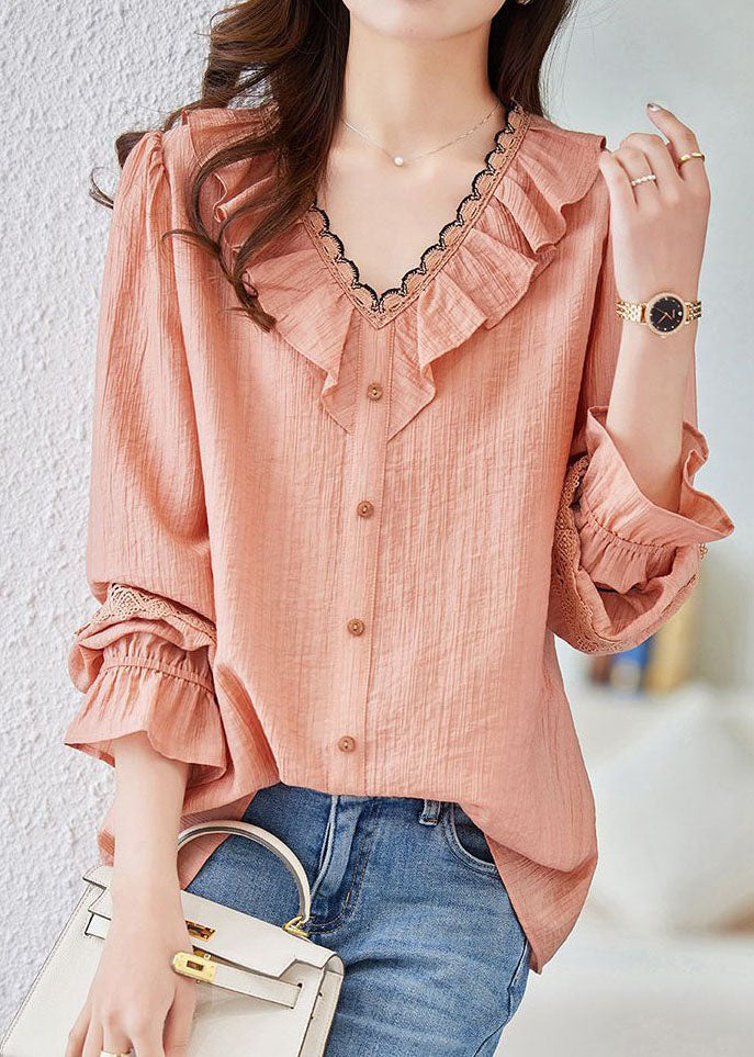 Fine Pink V Neck Ruffled Hollow Out Lace Patchwork Cotton Shirt Spring