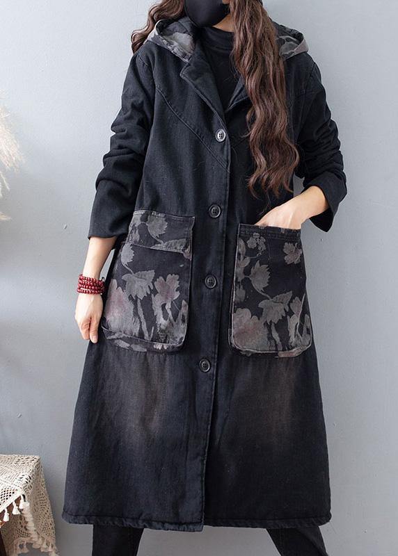 Fine Plus Size Clothing Coats Denim Black Hooded Pockets Outwear - SooLinen