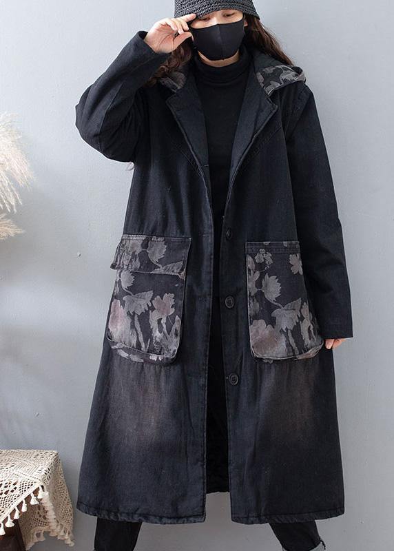 Fine Plus Size Clothing Coats Denim Black Hooded Pockets Outwear - SooLinen