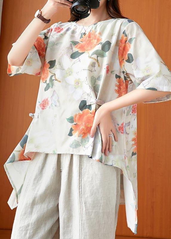 Fine Print low high design Oriental Linen Summer Blouse Top - SooLinen