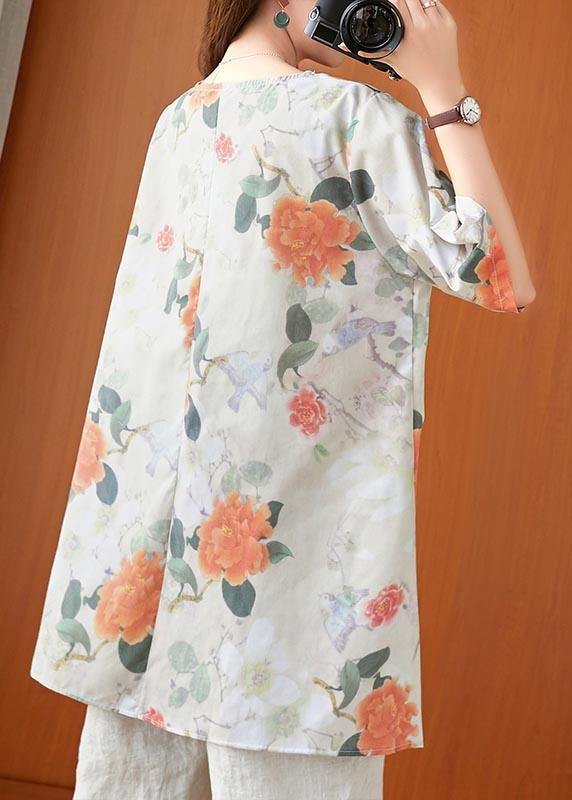 Fine Print low high design Oriental Linen Summer Blouse Top - SooLinen