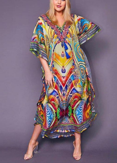Fine Print tie Chiffon Loose kimono robe Maxi Dress - SooLinen