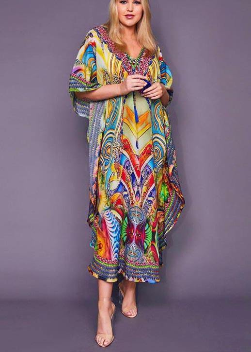 Fine Print tie Chiffon Loose kimono robe Maxi Dress - SooLinen