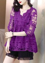 Fine Purple Embroidered Hollow Out Tulle Top Bracelet Sleeve