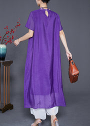 Fine Purple Embroidered Side Open Linen Silk Dresses Summer