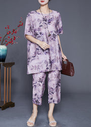 Fine Purple Oversized Print Linen Silk Two Pieces Set Summer