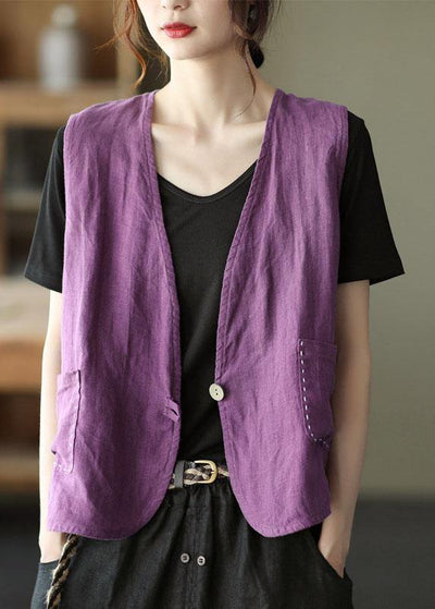 Fine Purple Pockets Button Linen Vest - SooLinen