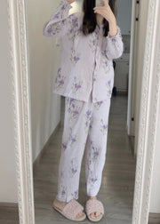 Fine Purple Print Button Pajamas Two Pieces Set Spring
