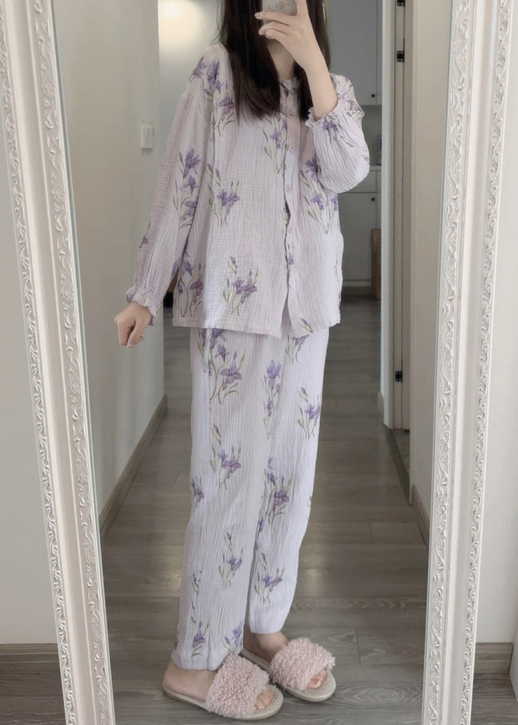 Fine Purple Print Button Pajamas Two Pieces Set Spring