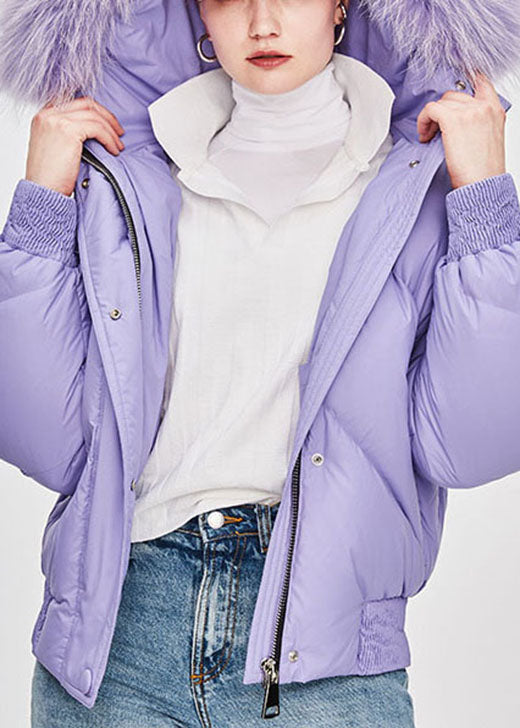Fine Purple Fur collar hooded Loose Winter Duck Down Puffer Jacket