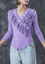 Fine Purple Ruffled Asymmetrical Silm Fit Knit Tops Spring