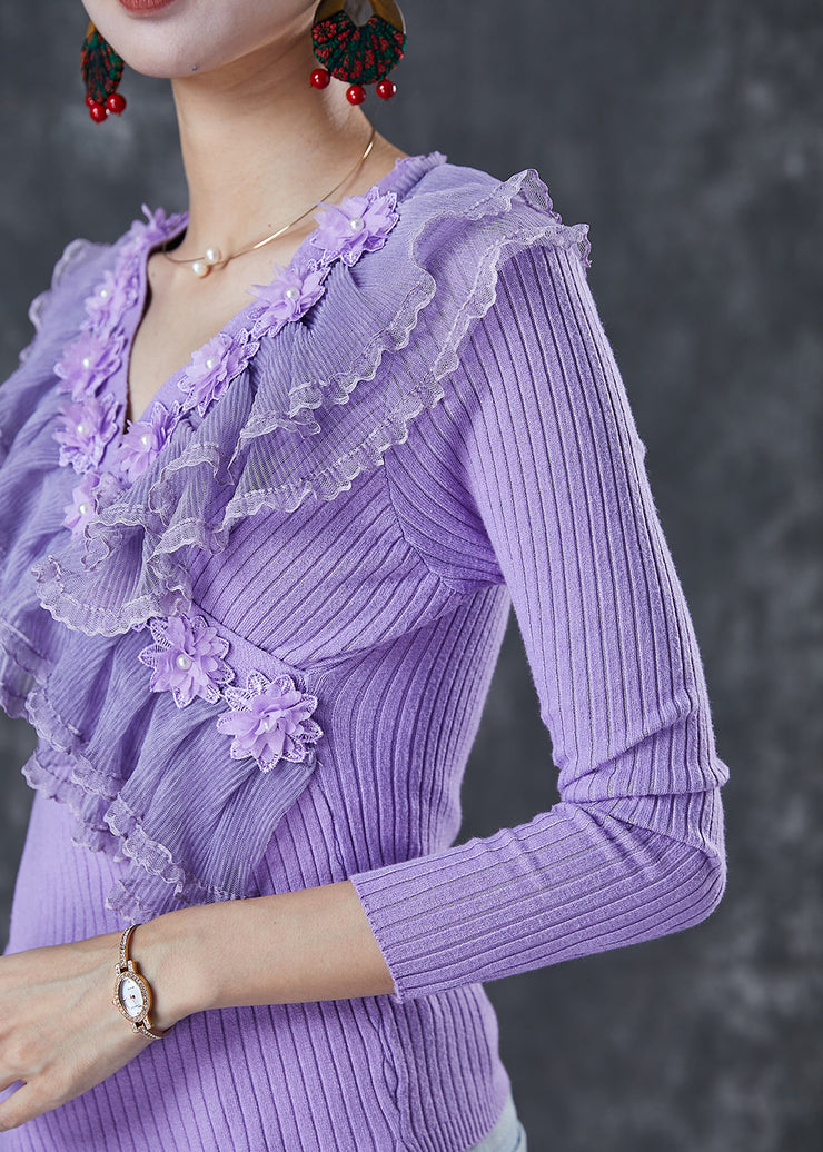 Fine Purple Ruffled Asymmetrical Silm Fit Knit Tops Spring