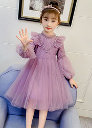 Fine Purple Ruffled Lace PatchworkNail Bead Tulle Girls Maxi Dresses Fall