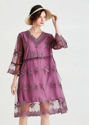 Fine Purple Tulle Embroideried Patchwork Spring Flare Sleeve Dress - SooLinen