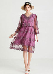 Fine Purple Tulle Embroideried Patchwork Spring Flare Sleeve Dress - SooLinen