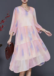 Fine Rainbow Sequins Tie Dye Silk Maxi Dresses Lantern Sleeve