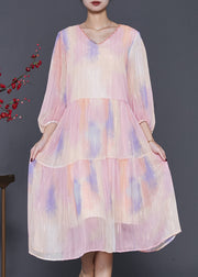 Fine Rainbow Sequins Tie Dye Silk Maxi Dresses Lantern Sleeve