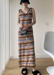 Fine Rainbow Striped V Neck Knit Long Dresses Sleeveless