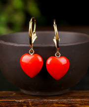 Fine Red 14K Gold Love Cinnabar Drop Earrings