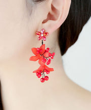 Fine Red Inlaid Handmade Beading Graphic Crystal Drop Earrings