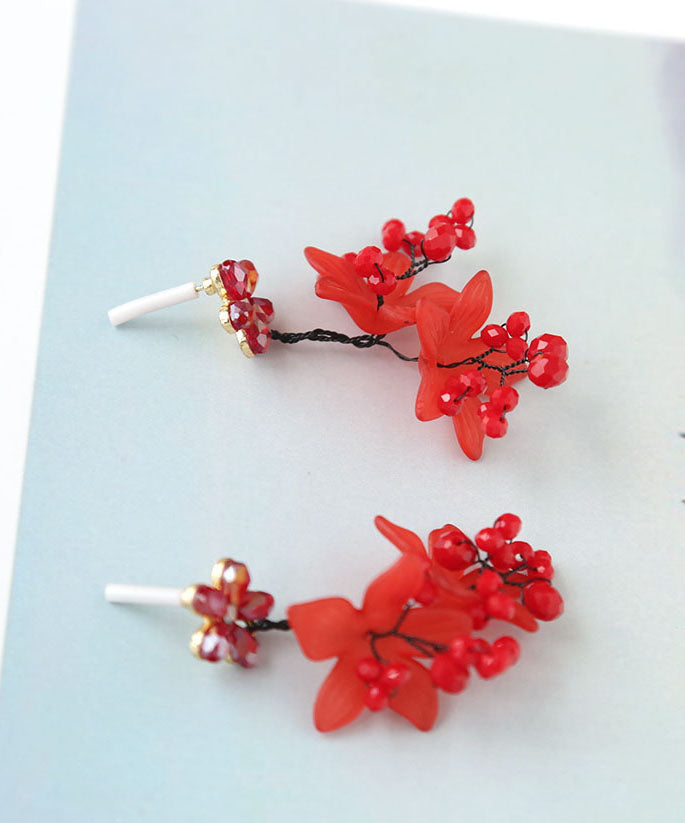 Fine Red Inlaid Handmade Beading Graphic Crystal Drop Earrings