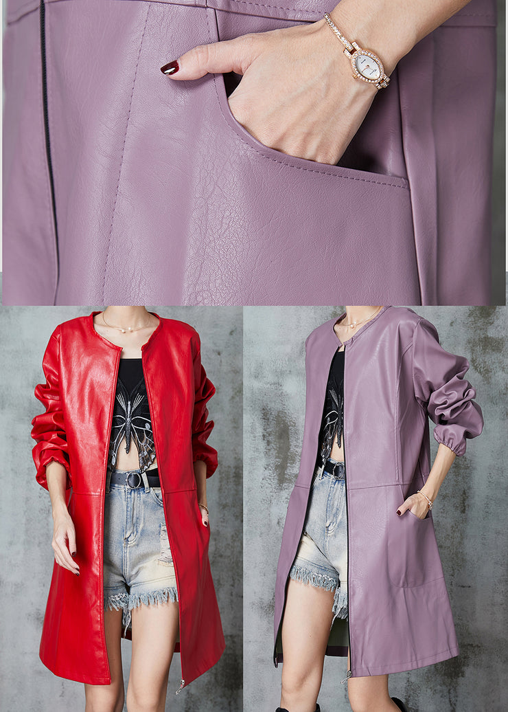 Fine Red O-Neck Patchwork Faux Leather Trench Spring