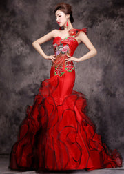 Fine Red One Shoulder Embroidered Patchwork Tulle Fishtail Long Dress Summer