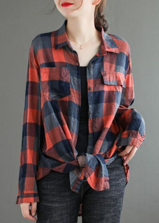 Fine Red Peter Pan Collar Plaid Pockets Cotton Shirts Top Spring