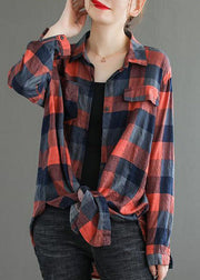 Fine Red Peter Pan Collar Plaid Pockets Cotton Shirts Top Spring
