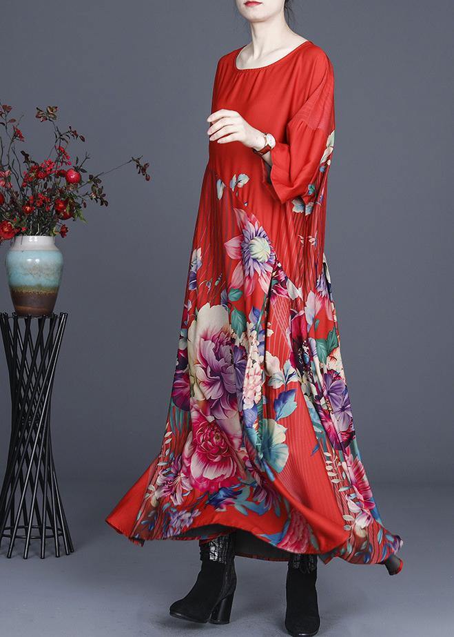 Fine Red Print O-Neck long Silk Dress Summer - SooLinen