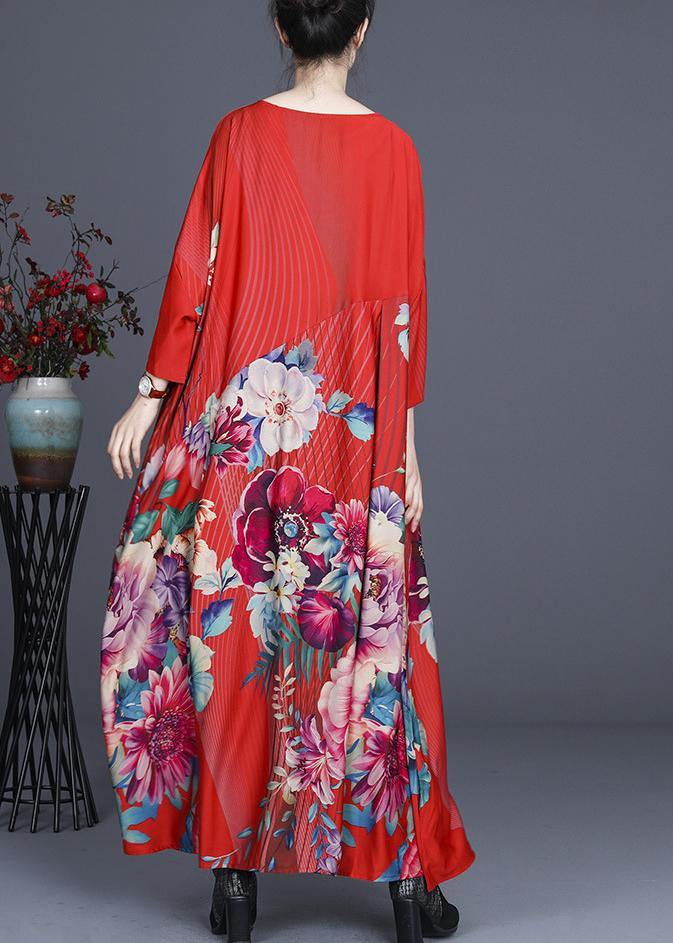Fine Red Print O-Neck long Silk Dress Summer - SooLinen