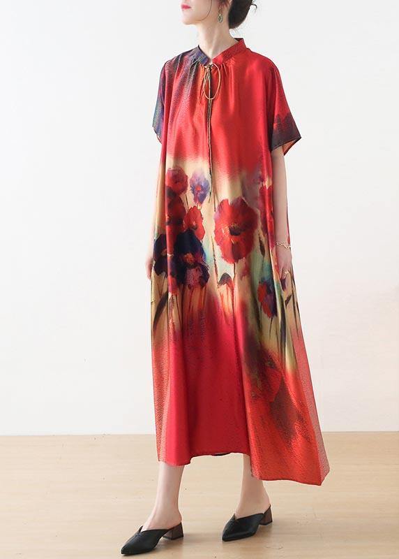 Fine Red Print Short Sleeve Holiday Summer Chiffon Dress - SooLinen