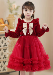Fine Red Ruffled Patchwork Tulle Baby Girls Princess Dress Fall