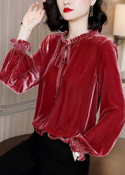 Fine Red Ruffled Solid Lace Up Silk Velour Shirts Long Sleeve