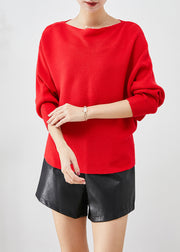 Fine Red Slash Neck Oversized Knit Sweater Tops Batwing Sleeve