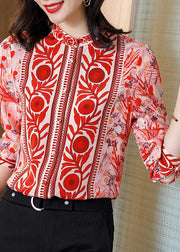 Fine Red Stand Collar Print Patchwork Silk Shirt Top Spring