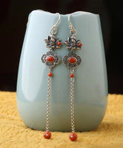 Fine Red Sterling Silver Agate Lotus Tassel Drop Earrings