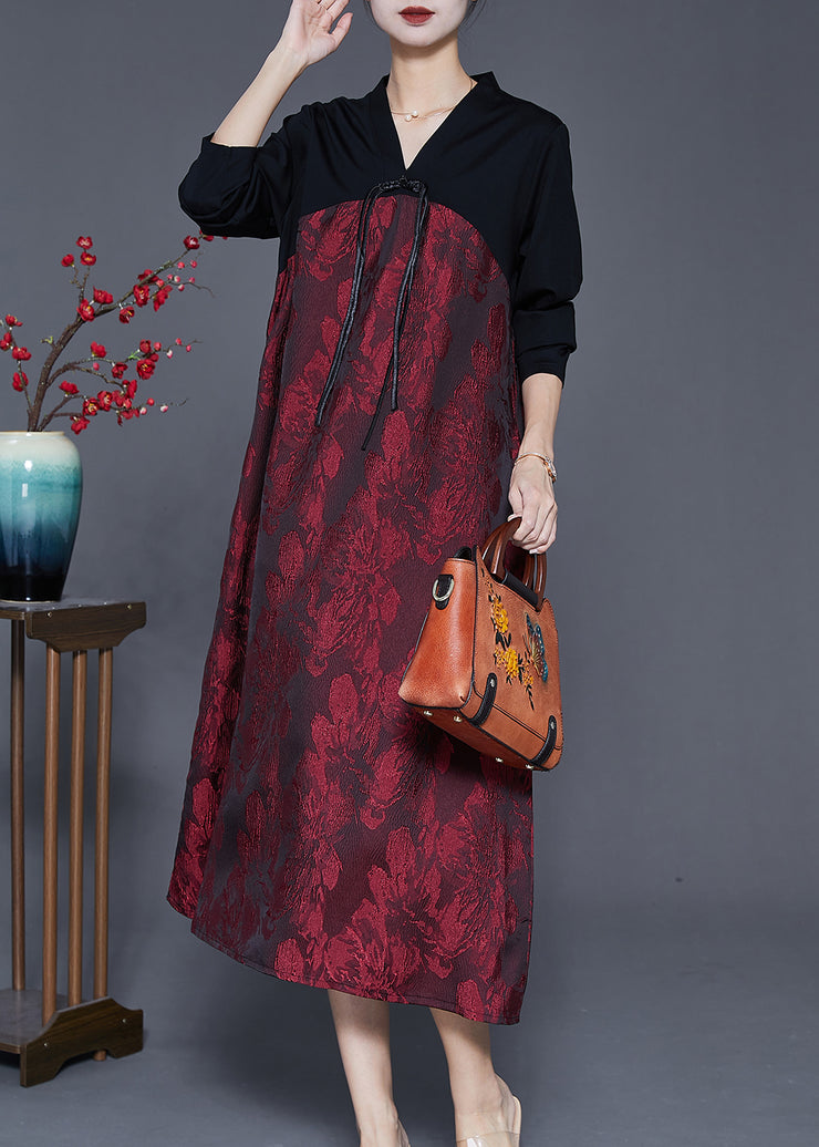 Fine Red Tasseled Patchwork Silk Maxi Dresses Spring
