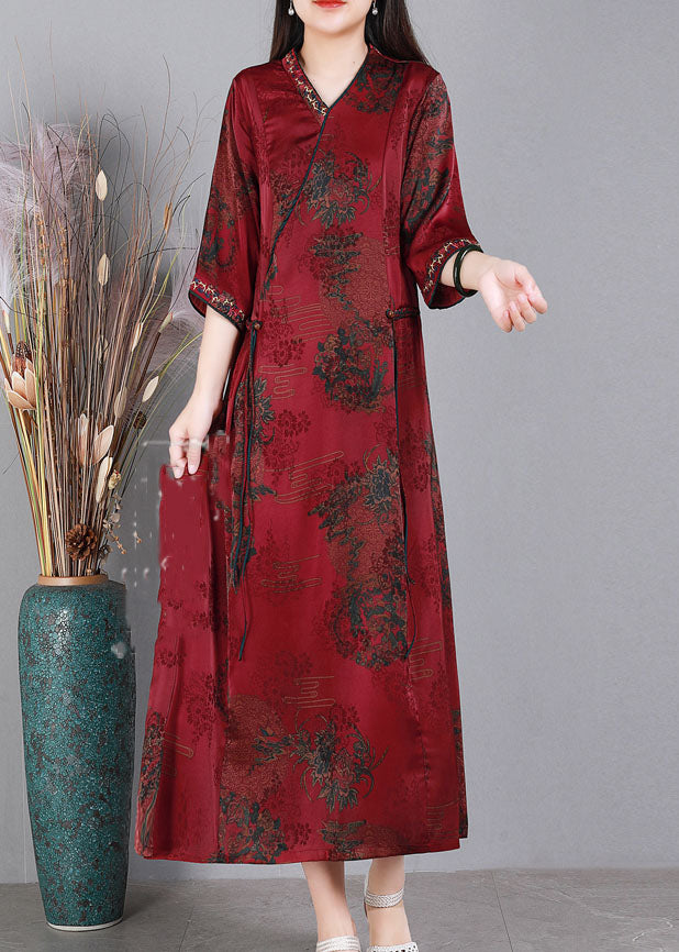 Fine Red V Neck Embroidered Asymmetrical Design Print Silk Vacation Dresses Half Sleeve