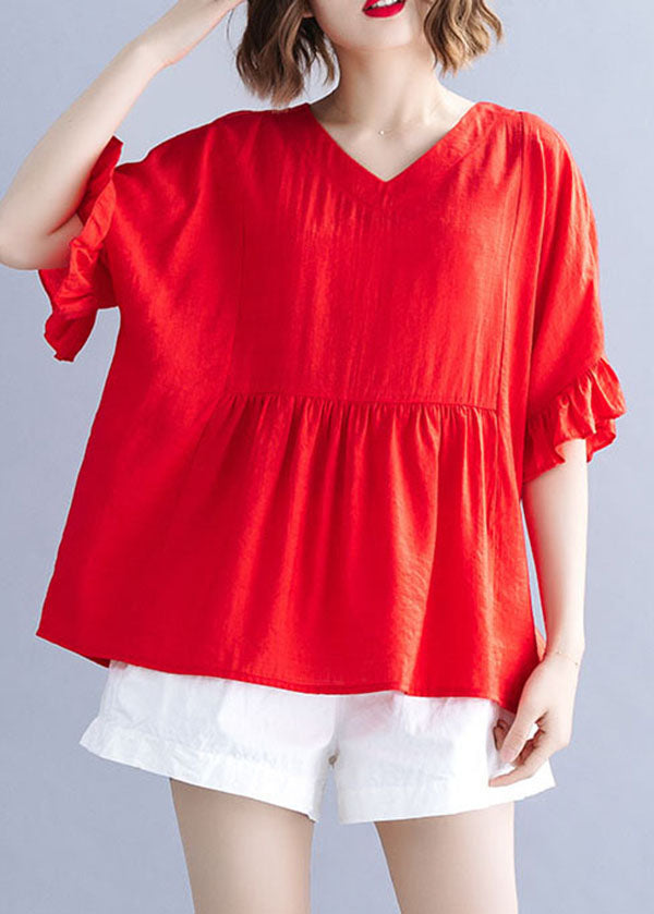 Fine Red V Neck Patchwork Ruffled Cotton T Shirt Short Sleeve