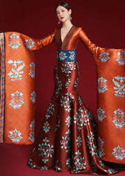 Fine Red V Neck Print Silk Fishtail Maxi Dresses Fall