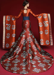 Fine Red V Neck Print Silk Fishtail Maxi Dresses Fall