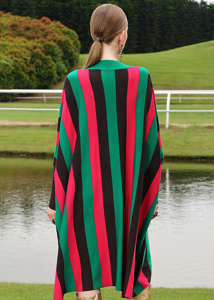 Fine Red V Neck Striped Woolen Long Sweater Dress Long Sleeve