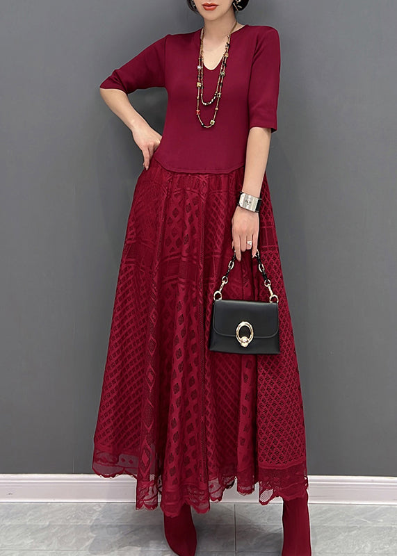 Fine Red V Neck Tulle Patchwork Maxi Dress Fall