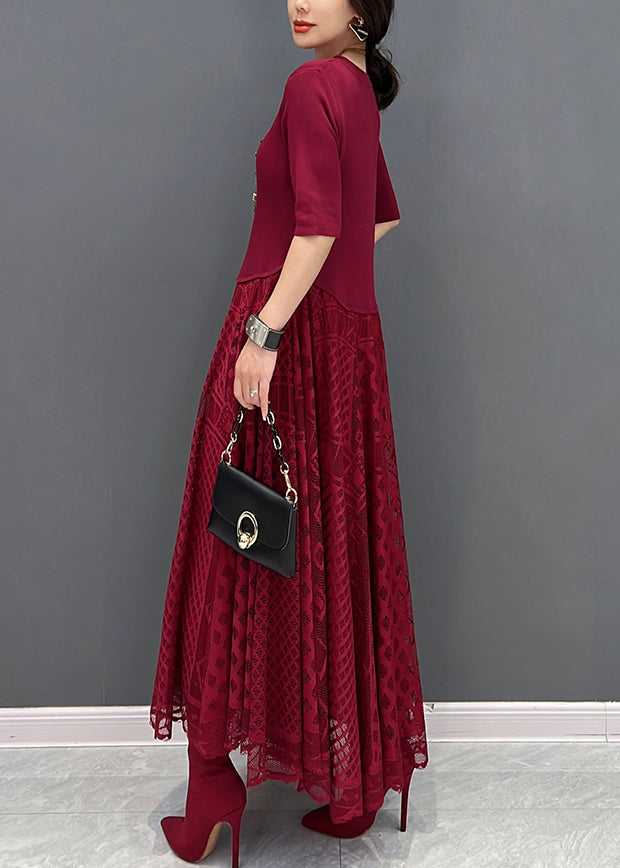 Fine Red V Neck Tulle Patchwork Maxi Dress Fall