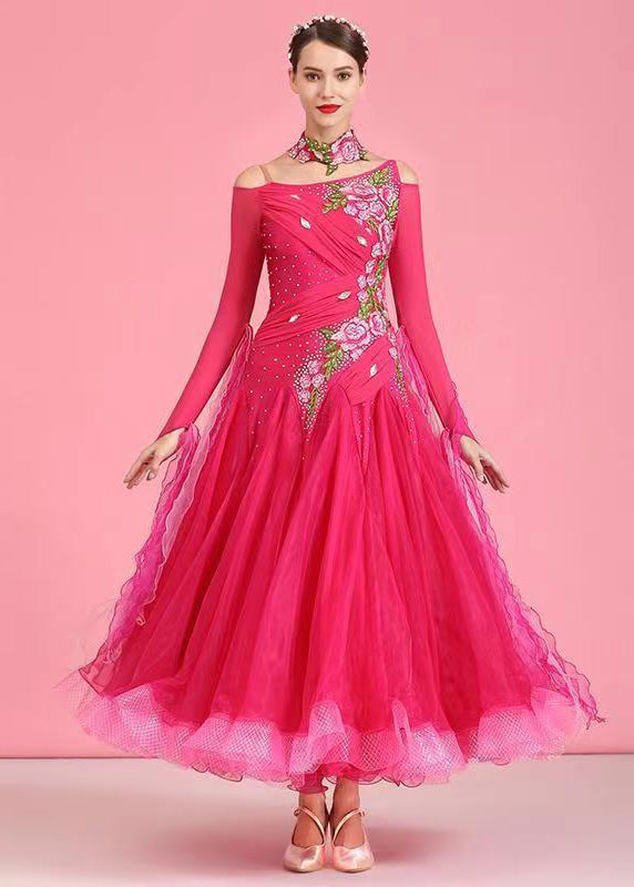 Fine Rose Embroideried Zircon Tulle Patchwork Dance Dress Long Sleeve