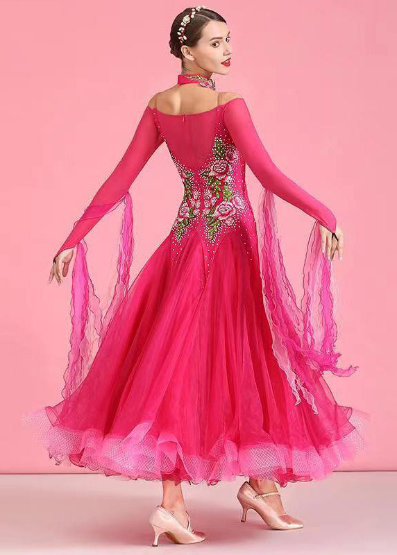 Fine Rose Embroideried Zircon Tulle Patchwork Dance Dress Long Sleeve