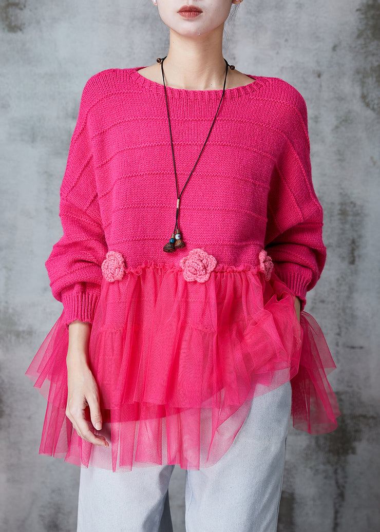 Fine Rose Floral Patchwork Tulle Knit Sweater Tops Spring