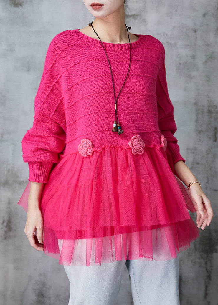 Fine Rose Floral Patchwork Tulle Knit Sweater Tops Spring