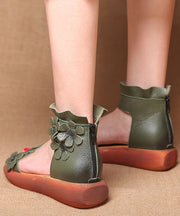 Fine Splicing Chunky Flat Sandals Peep Toe Green Cowhide Leather